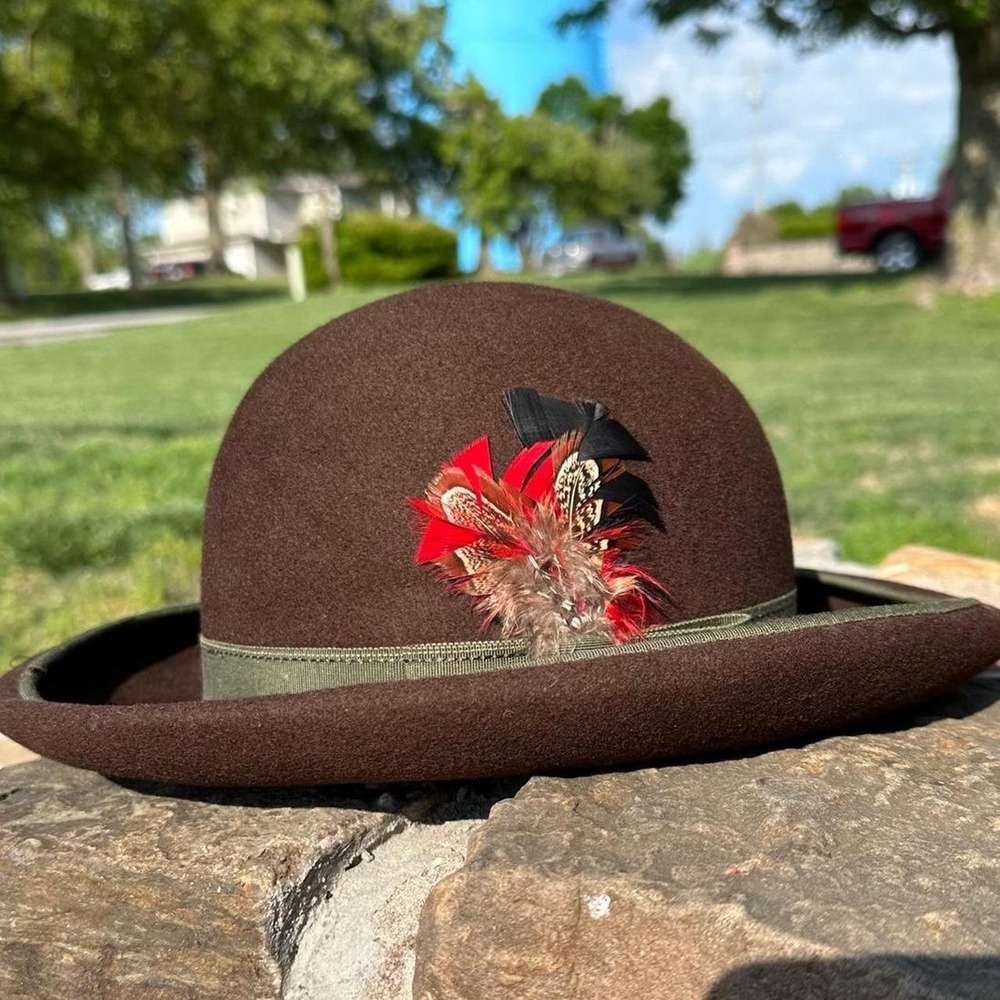 Adolfo II Vintage Brown 100% Wool Bowler Derby Hat with Feather Accent Mens